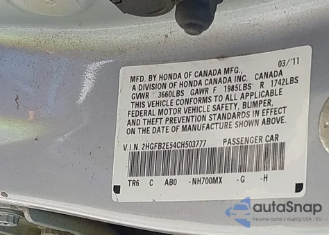 2012 Honda Civic Lx from USA, damaged, VIN 2HGFB2E54CH503777